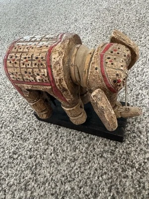 Hand Carved Wooden Elephant Statue - Tribal Folk Art, Painted Saddle - Image 1 of 4