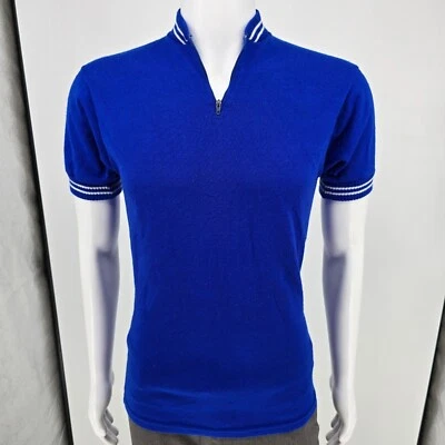 Vintage 1970s Au Tour De France Quarter Zip Knit Blue Cycling Jersey (Small) - Image 1 of 4