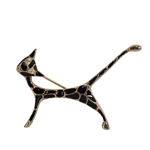 Spotted Cat Brooch Pin Jewelry Kitty Pin Cat Eyes Rhinestone Black Gold MOD - Picture 1 of 12