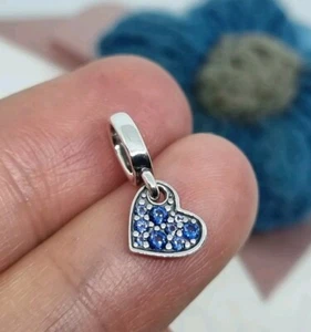 NEW Genuine Pandora Silver Blue Pave Tilted Heart Dangle Charm 💕 S925 ALE  - Picture 1 of 5