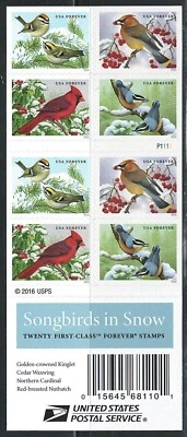 Mint US Songbirds in Snow Booklet Pane of 20 Forever Stamps Scott# 5129b (MNH) - Image 1 of 2