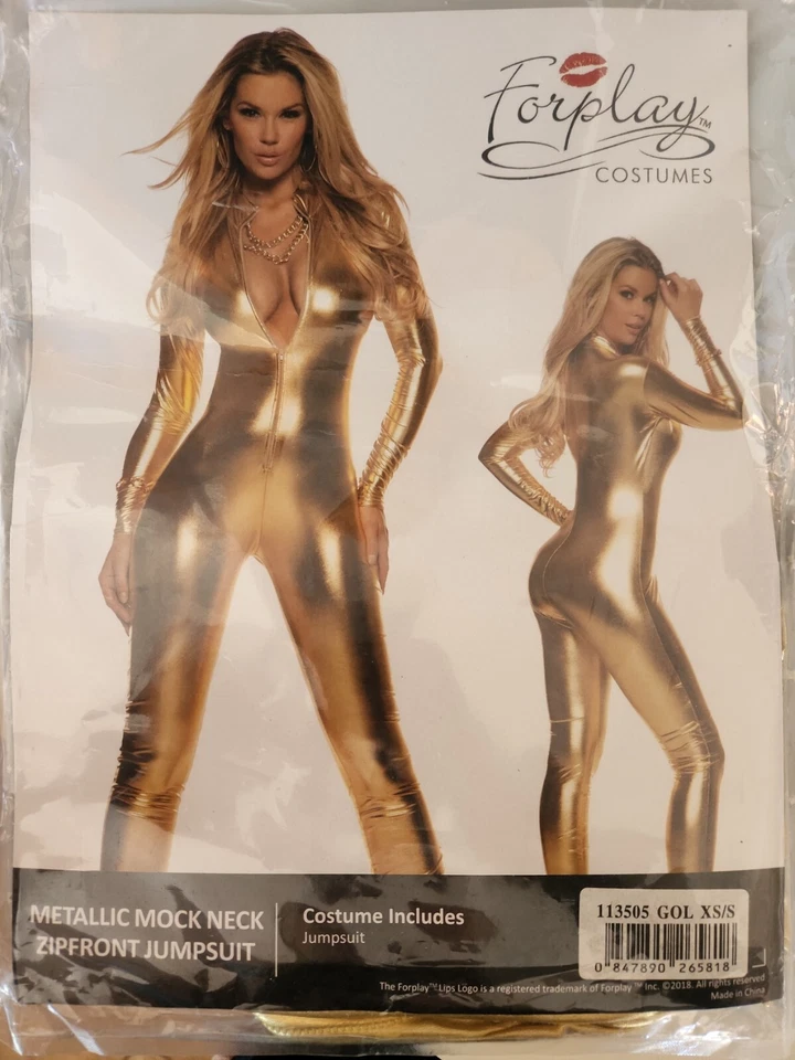 Traje de Gato Forplay Metálico con Cremallera Frontal Mono Disfraz DORADO Nuevo BOLSO SIN ABRIR XS/S Foto 1 de 1