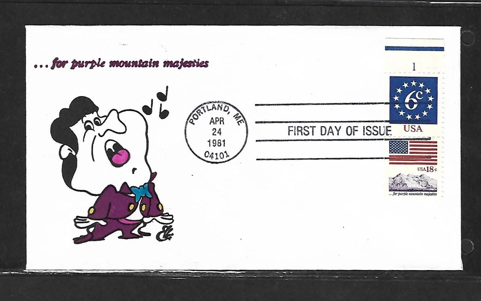 USA HAND PAINTED FLAG & ANTHEM ISSUE 1981 RICHARD ELLIS ANIMATED FDC + CACHET - Image 1 of 1