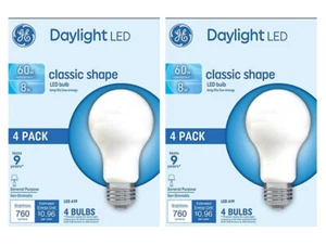 GE Daylight LED Classic Shape Bulbs 8 Watts 2 Packs of 4, 8 Total Lights A19 NEW - Picture 1 of 1