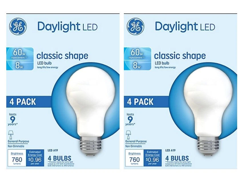 GE Daylight LED Classic Shape Bulbs 8 Watts 2 Packs of 4, 8 Total Lights A19 NEW - Image 1 of 1
