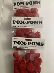 Lot 3 Packs Darice Crafty RED Yarn Pom Poms 1" & 1.5" Pk 20 Ea New - Picture 1 of 5