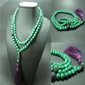 8mm Malachite Gemstone 108 Beads Tassels Mala Necklace Men Yoga Women Stone - Picture 1 of 4