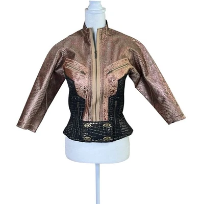 Y2K Byron Lars Beauty Mark Metallic Peplum Jacket Mixed Media Blazer Rose Sz 2 - Image 1 of 4