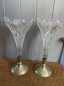 Pair 2 Antique Edwardian Spill Vases Silver Plated Base Cut Glass Epergne 1900 - Picture 1 of 11