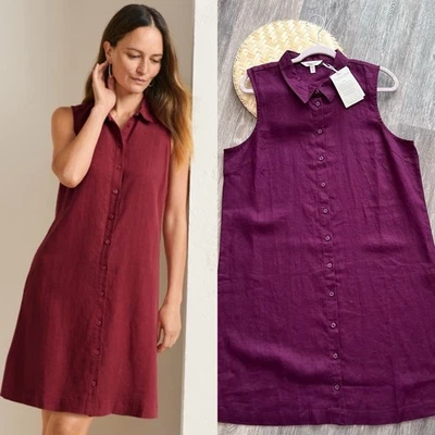 NWT garnet hill 100% linen sleeveless button front shirt dress in deep wine 16 - Image 1 of 4