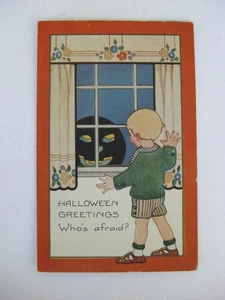 Antique 1900's Halloween Postcard w/Spooky Black Jack-O-Lantern Child Scary Vtg - Picture 1 of 5