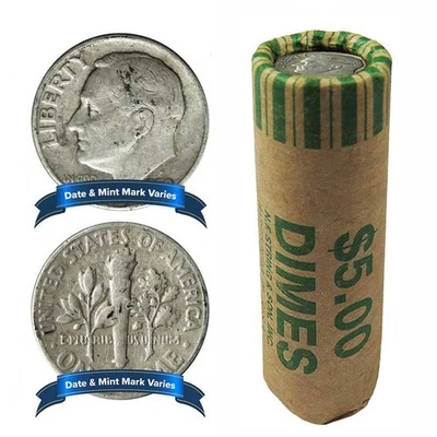 Rollo de 50 monedas de diez centavos Roosevelt de plata 90 % con fechas completas valor nominal de $5 Foto 1 de 3