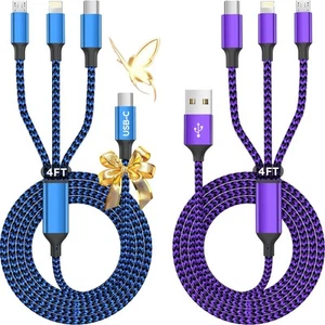 USB A + C Multi Charging Cable, 3 in 1 2Pack-4FT, Blue+Purple - Picture 1 of 6
