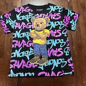 Fresh Laundry Savage Bear Shirt Youth Size XL Black Hype Spell out AOP - Picture 1 of 6