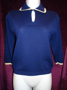 Vintage Blue Winged V-Neck Wool Sweater with White Edges, 3/4 Length Sleeves - Picture 1 of 5
