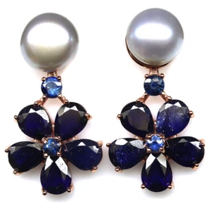 925 Sterling Silver 9 mm. Gray Pearl & Blue Sapphire Earrings Rose Gold - Picture 1 of 4
