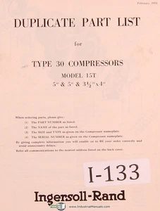 Ingersoll Rand Type 30 Model 15T, Air Compressor Parts List Manual Year (1954) - Picture 1 of 1
