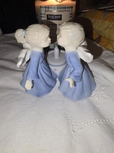 LEFTON PORCELAIN KISSING ANGELS BOY AND GIRL WITH TEA LIGHT HOLDER BLUE GOWNS - Picture 1 of 6