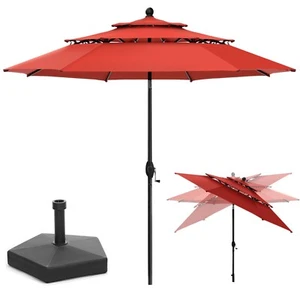 10ft 3 Tier Patio Umbrella Outdoor Market Auto-tilt Crank Umbrella w/ Stand Base - Picture 1 of 13