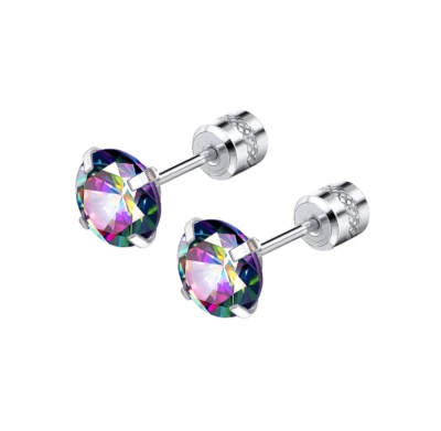 2PCS Silver Stainless Steel Round CZ Screw Back Ear Stud Earrings Men Women - Image 1 of 4
