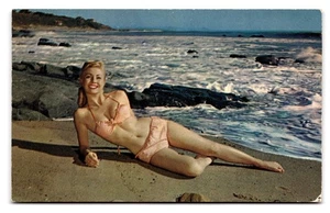 Vintage Girl on Beach Bikini Pinup Postcard Continental Size - Picture 1 of 2