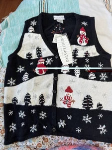 Ciervo Blanco Vintage Navidad Blanco y Negro Muñeco de Nieve Suéter Chaleco Mujeres Pequeño - Imagen 1 de 5