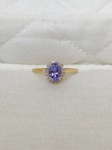 Anillo de compromiso de diamantes y tanzanita real natural de oro amarillo de 14k para mujer - Imagen 1 de 7