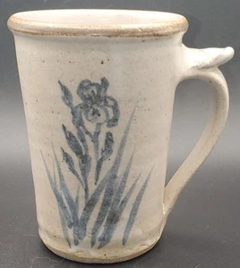 Handmade Studio Beige Glazed Pottery Coffee Mug 5” Iris Design in Blue - Picture 1 of 5