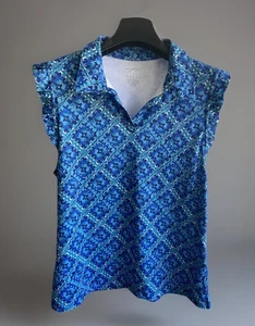 X by GOTTEX Blue Tile Ruffle Sleeveless Golf Tennis Polo Shirt L NEW - Picture 1 of 8