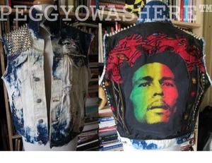 VTG DENIM cutoff DISTRESSED JACKET vest hippie batik STUD MOTO rasta - Picture 1 of 4