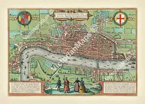 antique Elizabethan Tudor FIRST MAP OF LONDON Braun & Hogenberg 1572 art poster - Picture 1 of 6