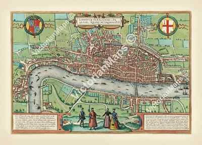 Antiguo cartel artístico Isabelino Tudor PRIMER MAPA DE LONDRES Braun & Hogenberg 1572 Foto 1 de 4