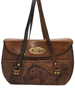 Horse & Flower Handtooled Leather Satchel Handbag Purse Vintage - Picture 1 of 20