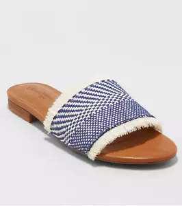 WOMENS UNIVERSAL THREAD CROSS-WOVEN FRAYED EDGE SLIDE SANDALS, BLUE & WHITE - Picture 1 of 3