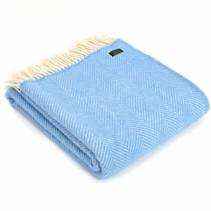 TWEEDMILL KNEE RUG 100% Wool Sofa Bed Throw Blanket FISHBONE SEA BLUE & CREAM - Picture 1 of 12
