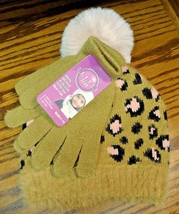 NWT Girls Sz 7-14 Youth Hat/Gloves Set~ 100% Acrylic Brown~Black ~Pink Pom   315 - Picture 1 of 4