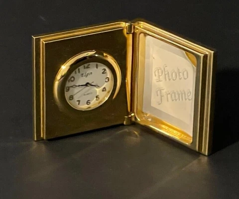 Elgin Quartz Gold Clock w/ Photo Frame Miniature Desk Shelf Clock Cover