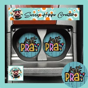 Car Coasters Just Pray Rustic Wooden Christian Set of 2 Neoprene Absorb Sublimat - Picture 1 of 5