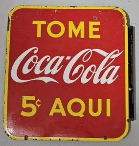 RARE EARLY COCA COLA PORCELAIN SIGN DOUBLE SIDE 5 CENTS SPANISH 19x17 INCHES - Picture 1 of 5