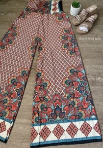 New JUP Womens FOLDOVER TEAL RUST MEDALLION BOHO TALL PALAZZO PANTS S M L USA - Picture 1 of 4