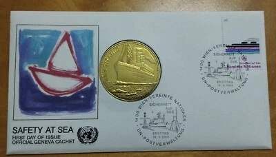 1983 UN Safety At Sea Stamp FDC inlaid Titanic Gold Coin 联合国海洋安全行驶邮票与铁塔泥纪念币首日封 - Image 1 of 4