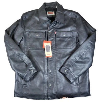 Levi's Mens Black Faux Leather Sherpa Lined Trucker Jacket, Medium, New - Image 1 of 4