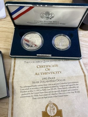 1992 UNC Silver Columbus Quincentenary 2 Coin Set Box, OGP & COA - Image 1 of 4