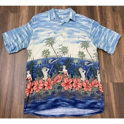 VTG Pierre Cardin Hawaiian tropical Hula girl pin-up floral button up shirt M - Image 1 of 4