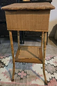 Antique Tiger Bamboo Wicker Rattan End Table, Sewing,Jewelry Box Plant Stand - Picture 1 of 21