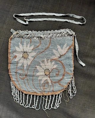 Antique Art Deco  Ladies Reticule Floral Micro Beaded Purse Bag Drawstring - Image 1 of 4