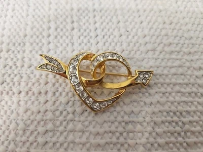 Vintage Swarovski Ribbon Heart Love Arrow Pin Brooch Rhinestones Valentines - Image 1 of 4