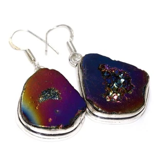 Titan Druzy 925 Silber plattiert Edelstein Ohrringe 1,8" Ästhetischer Schmuck GW - Bild 1 von 3