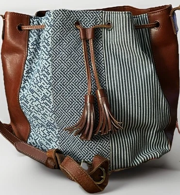 J. Jill Leather Fabric Bucket Large Tote Bag Boho Bag Brown Blue White - Image 1 of 4