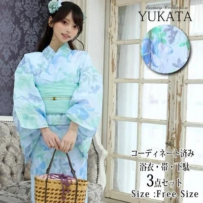 Japanese Yukata Kimono 3-piece set with a blue and green abstract floral pattern - Image 1 of 4